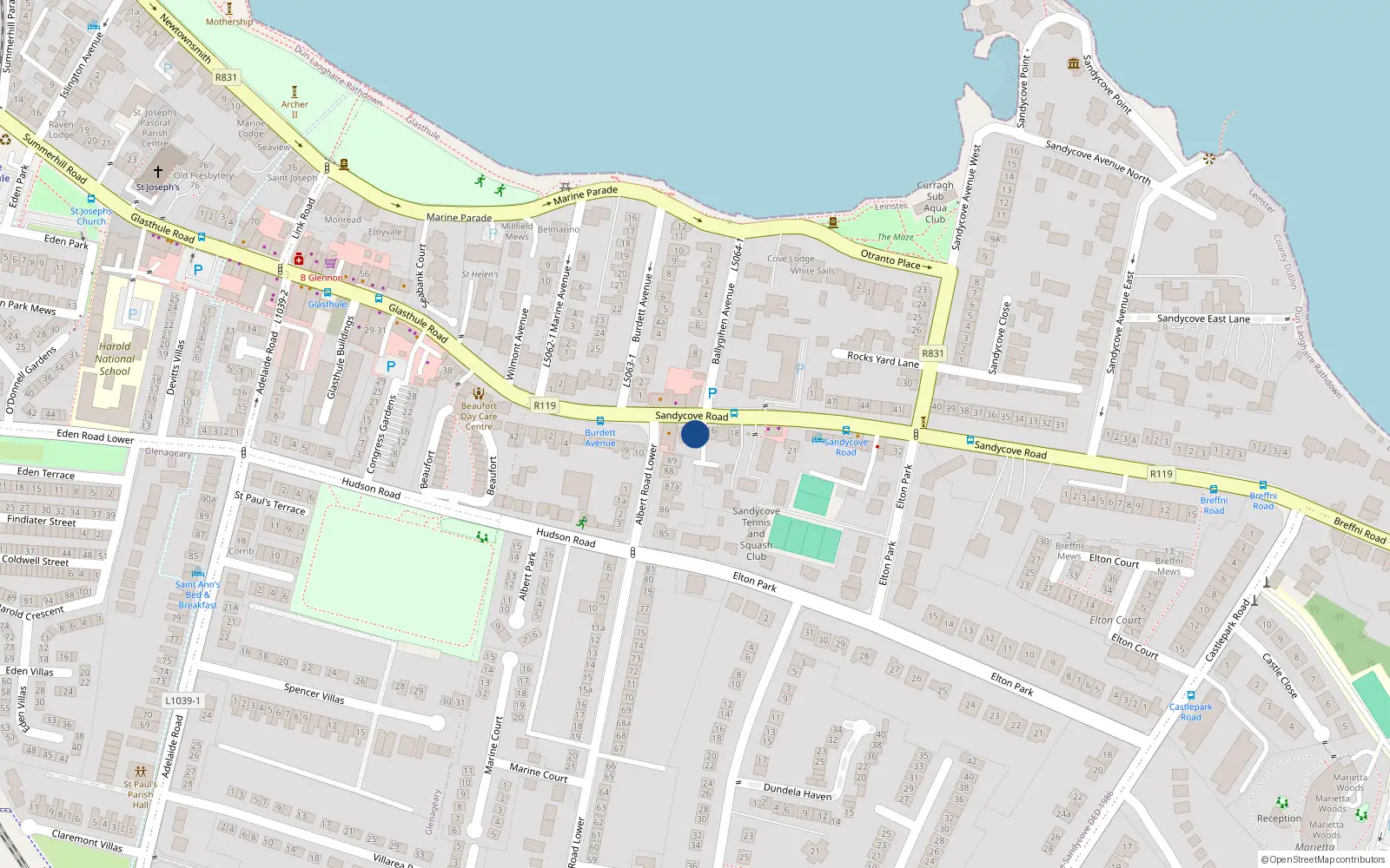 Overhead map showing the location of Bohy, 13 Sandycove Road, Sandycove