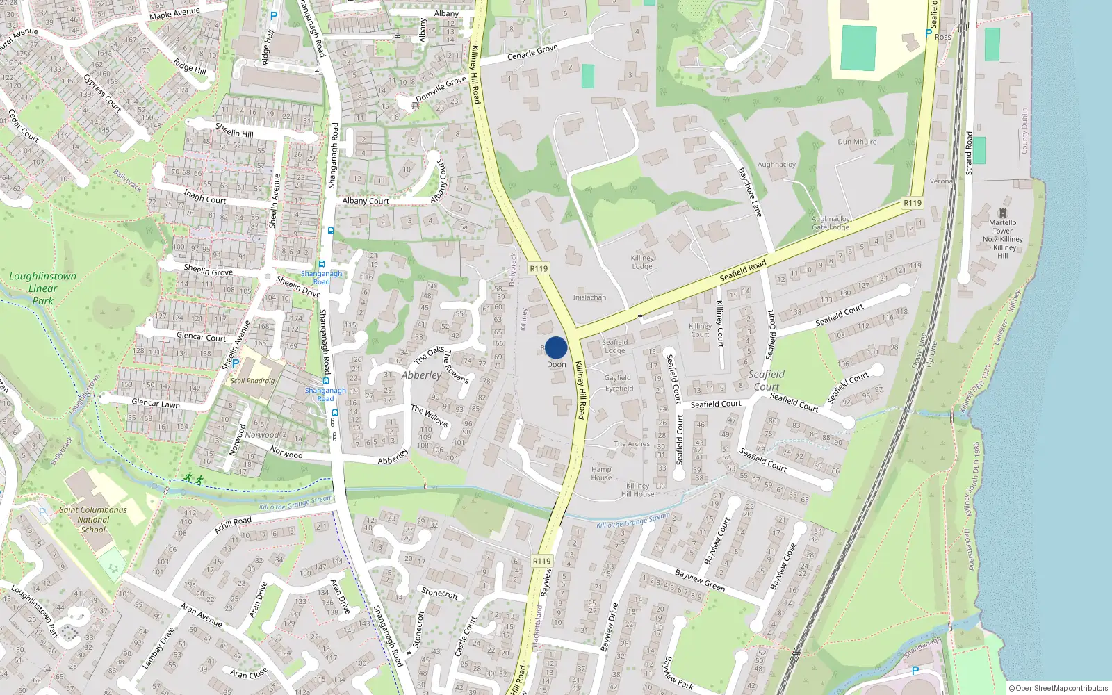 Overhead map showing the location of Killiney Hill Road, Killiney
