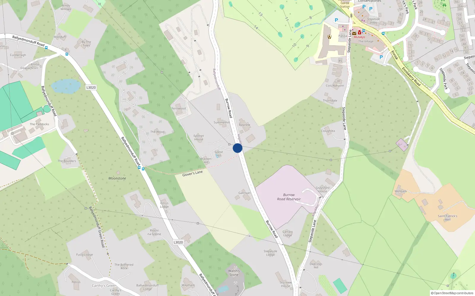 Overhead map showing the location of Burrow Road, Stepaside
