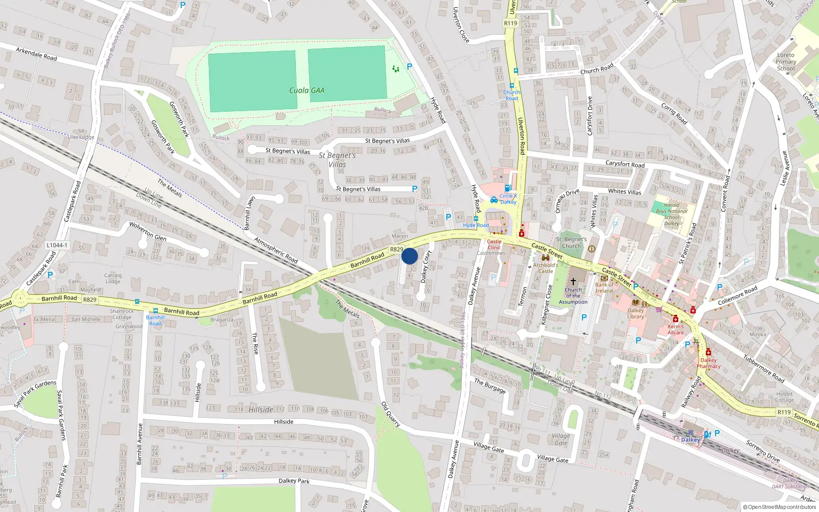 Overhead map showing the location of 1 Monte Vella, Dalkey