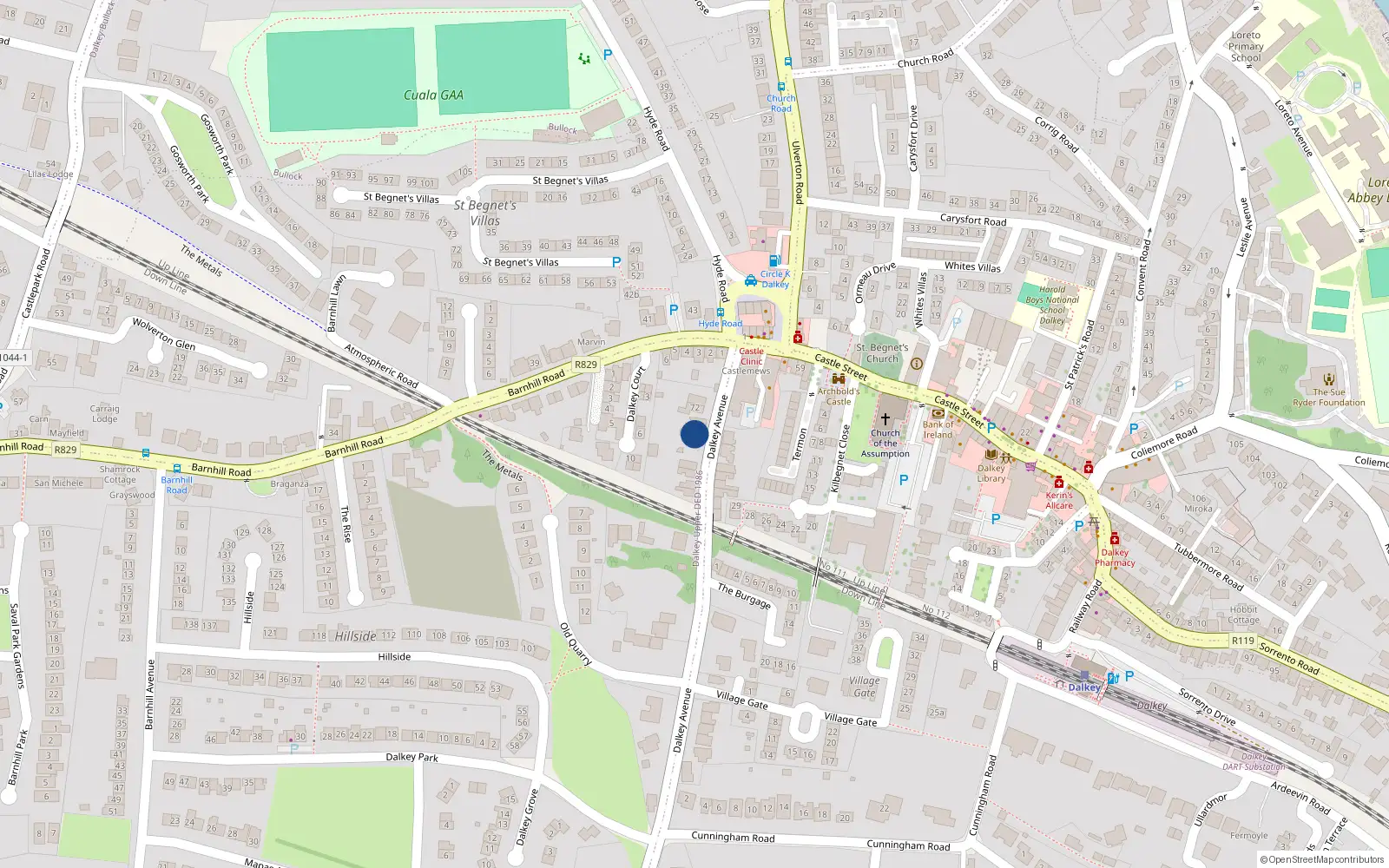 Overhead map showing the location of 66 Dalkey Avenue, Dalkey
