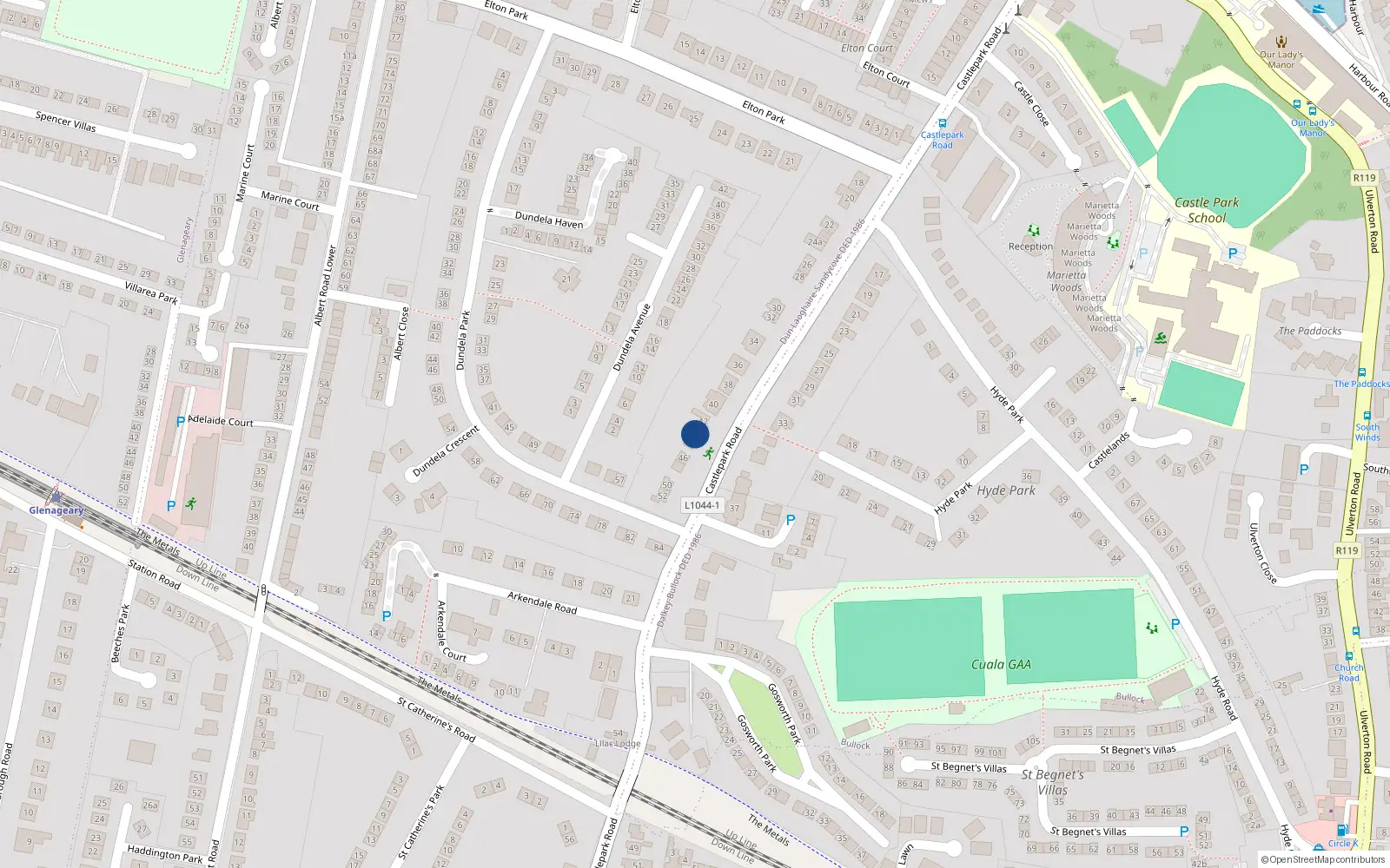 Overhead map showing the location of Bramhall, 44 Castlepark Road, Dalkey