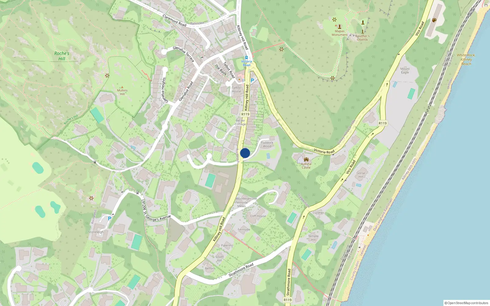 Overhead map showing the location of Killiney Hill Road, Killiney