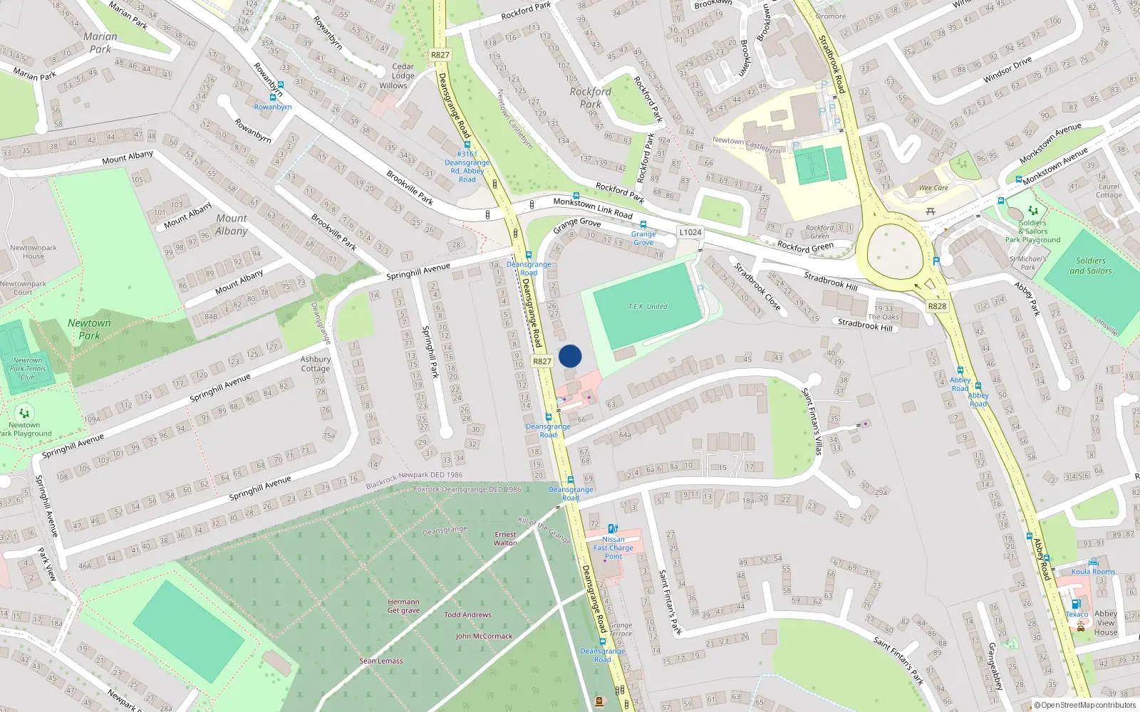Overhead map showing the location of Deansgrange Road, Blackrock