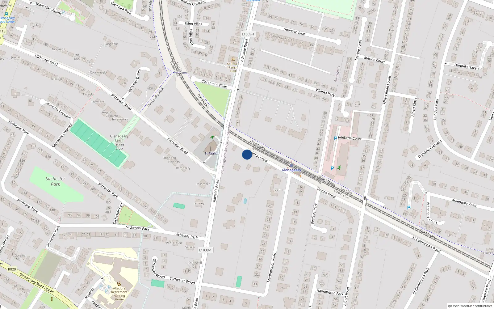 Overhead map showing the location of Station Road, Glenageary