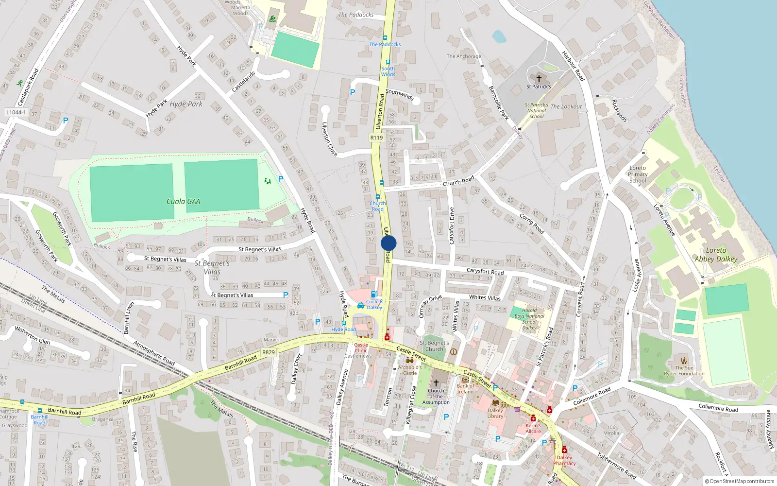 Overhead map showing the location of Ulverton Road, Dalkey