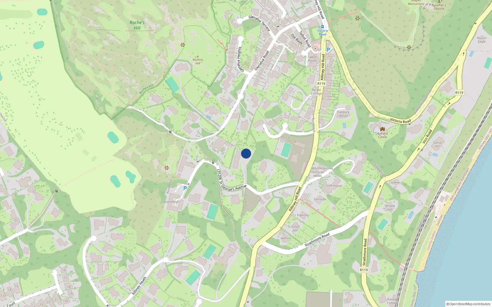 Overhead map showing the location of Saint George's Avenue, Killiney