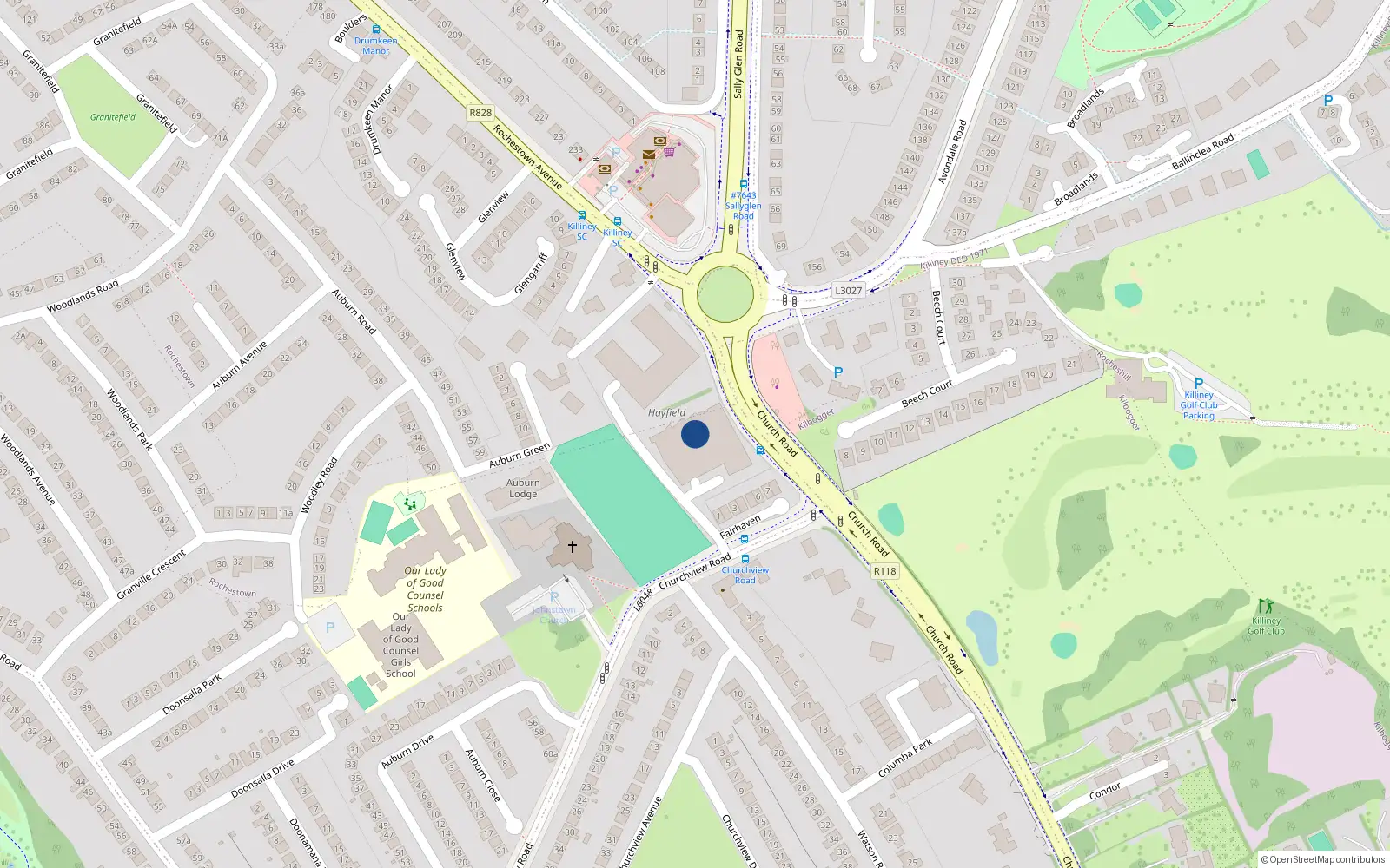 Overhead map showing the location of Church Road, Killiney