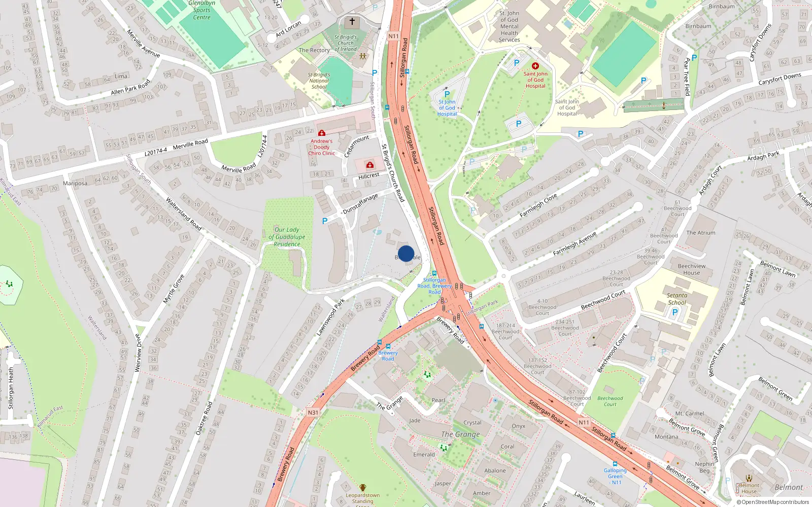 Overhead map showing the location of Saint Brigid's Church Road, Stillorgan