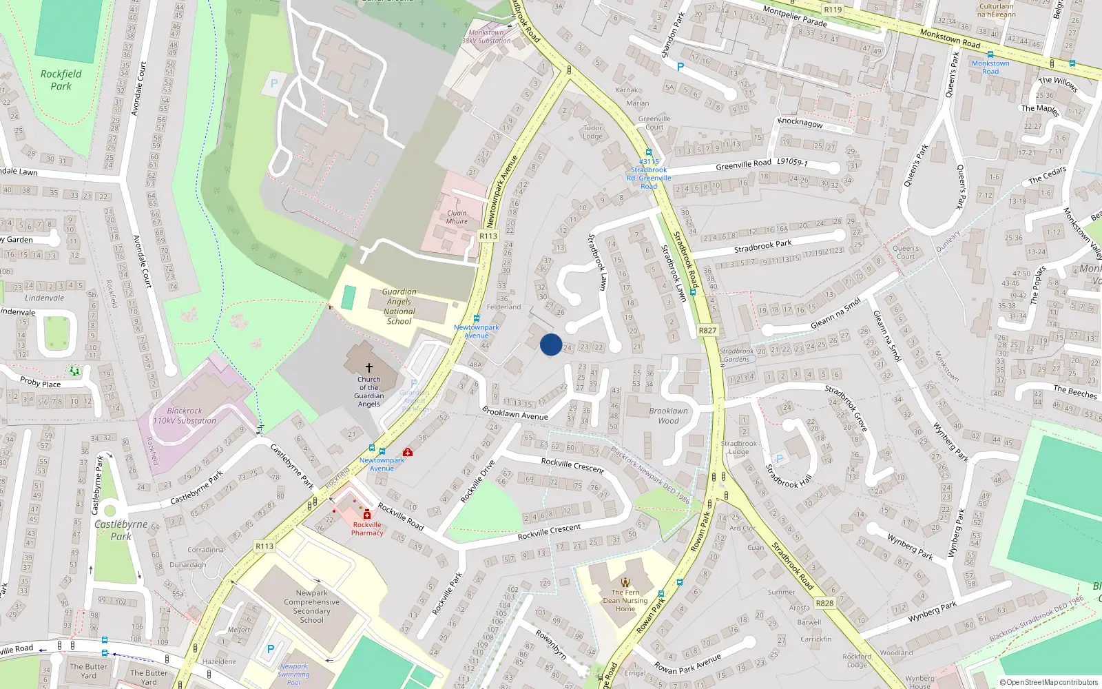 Overhead map showing the location of 25 Stradbrook Lawn, Blackrock