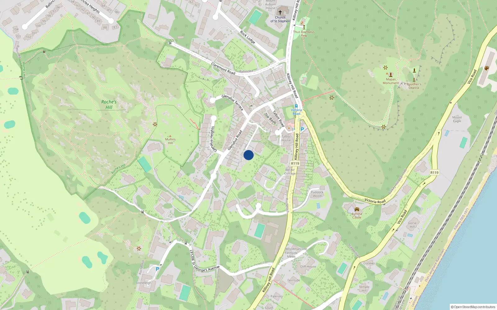 Overhead map showing the location of Glenalua Road, Killiney