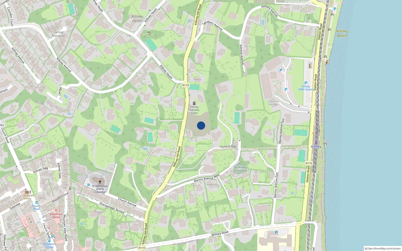 Overhead map showing the location of Killiney Hill Road, Co. Dublin