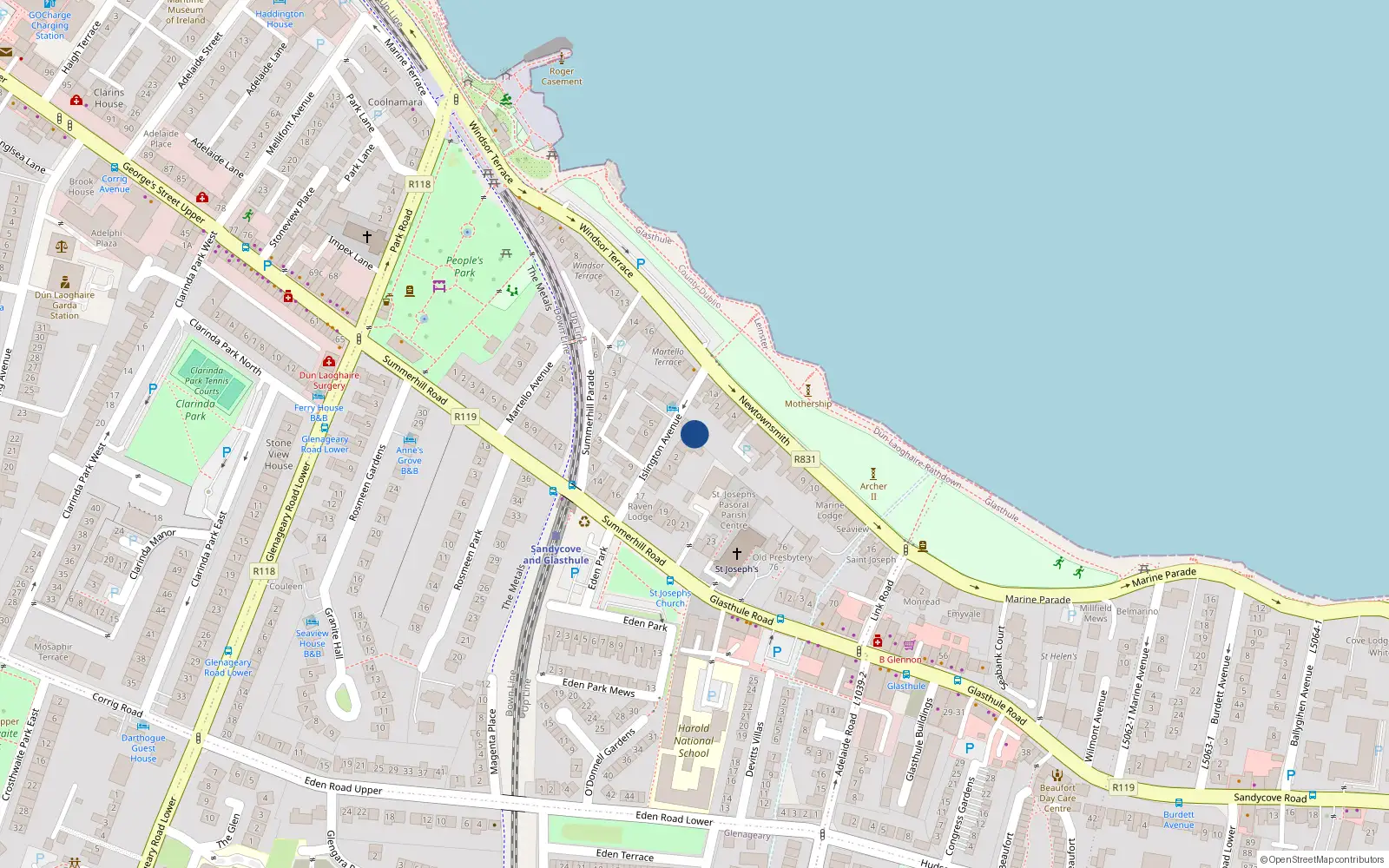 Overhead map showing the location of Islington Avenue, Glasthule