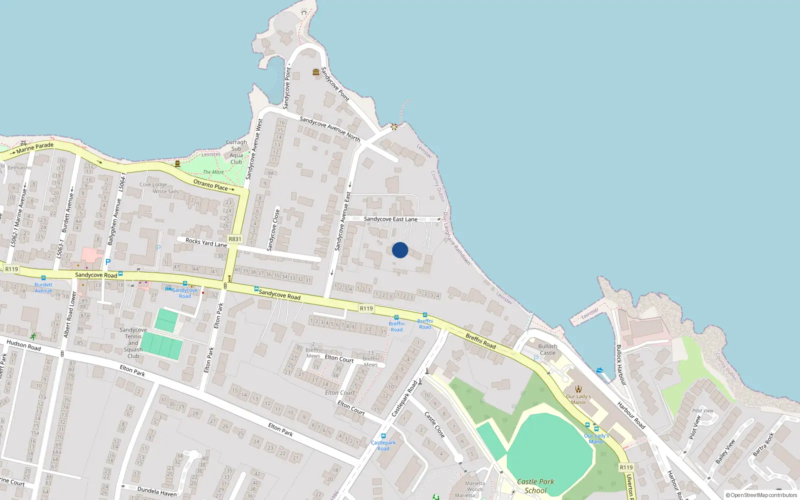Overhead map showing the location of Sandycove East Lane, Sandycove