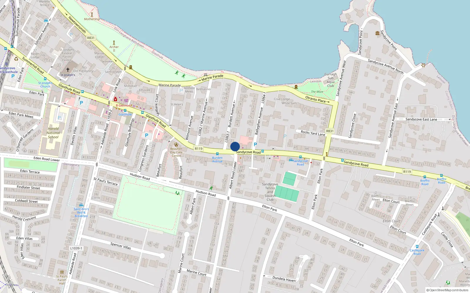 Overhead map showing the location of 1 Burdett Avenue, Sandycove