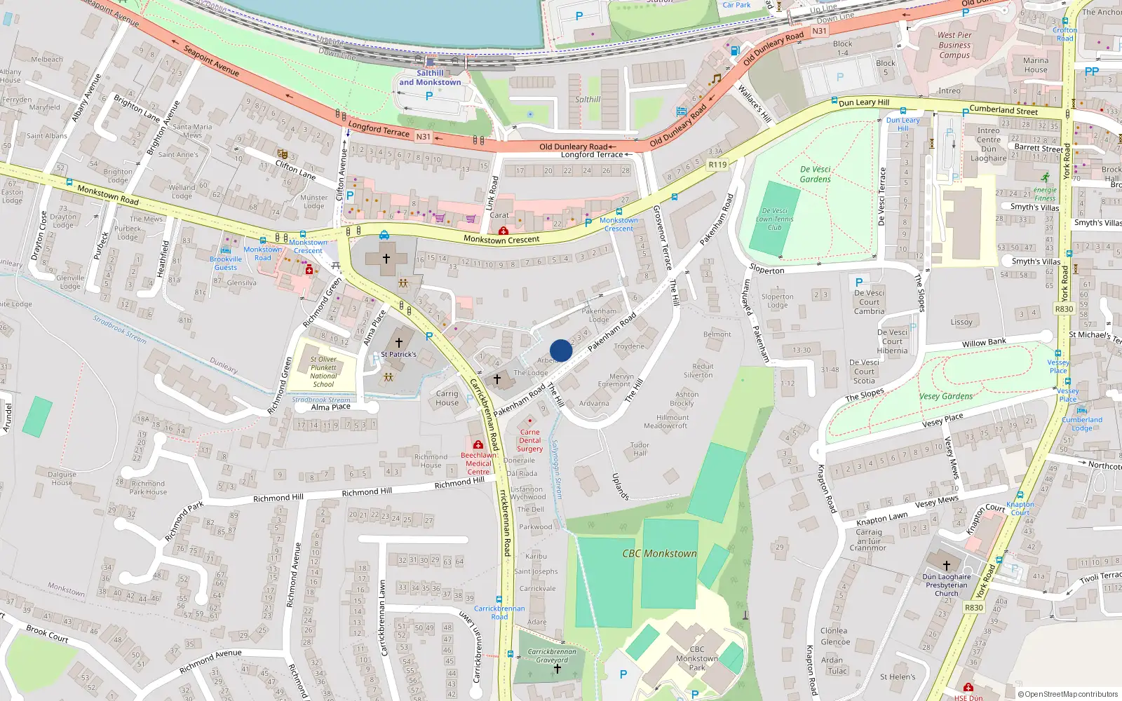 Overhead map showing the location of Burnham, 1 Pakenham Road, Monkstown