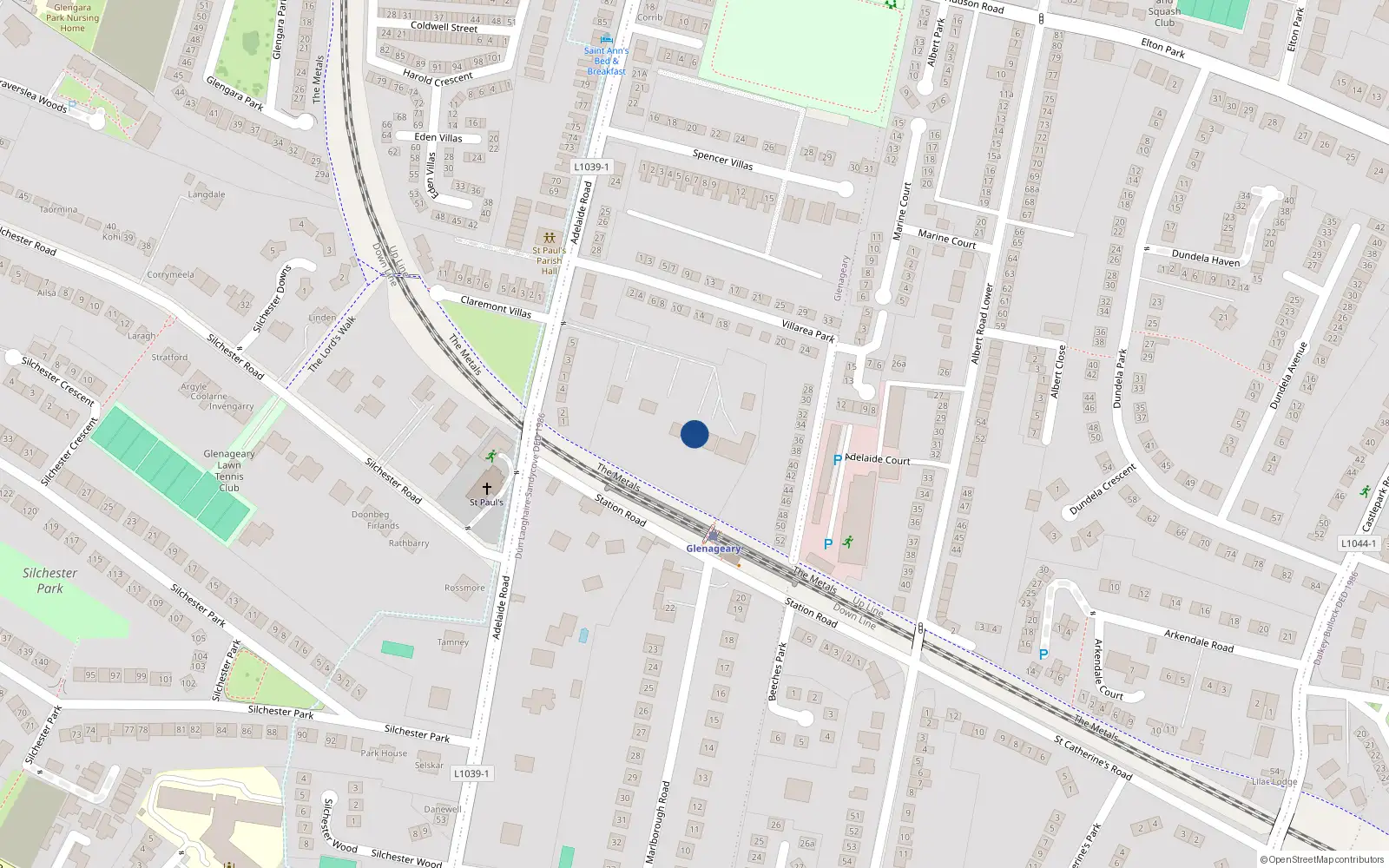 Overhead map showing the location of Adelaide Road, Glenageary
