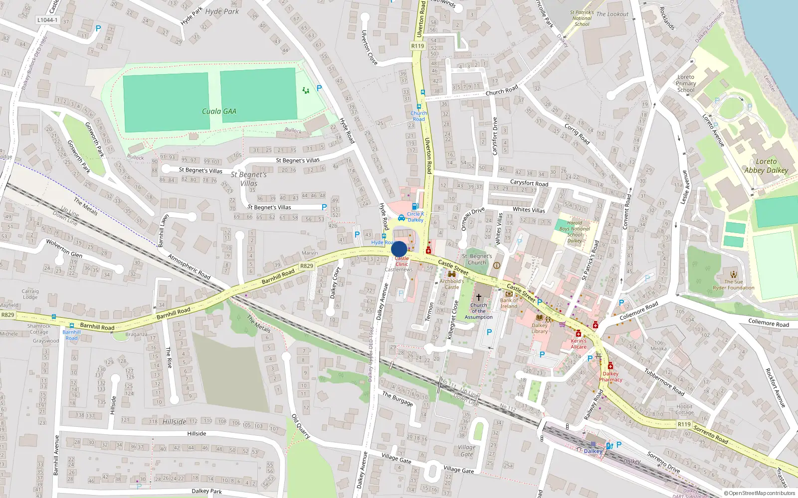 Overhead map showing the location of Cairthe, 1A Castle Street, Dalkey