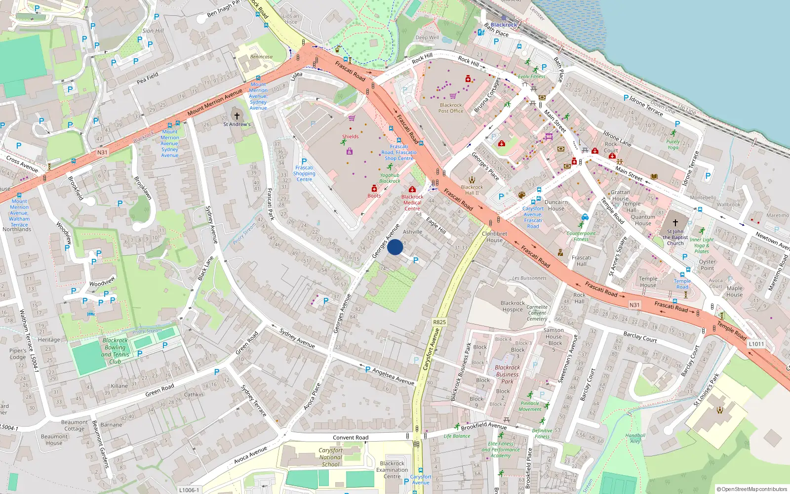 Overhead map showing the location of 68A George's Avenue, Blackrock