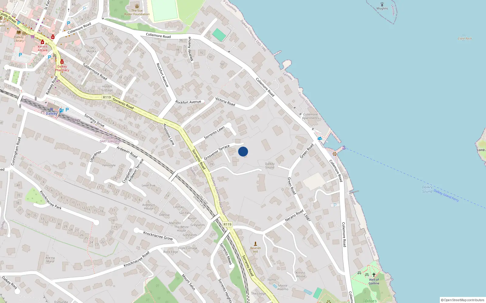 Overhead map showing the location of Grosvenor Terrace, Dalkey