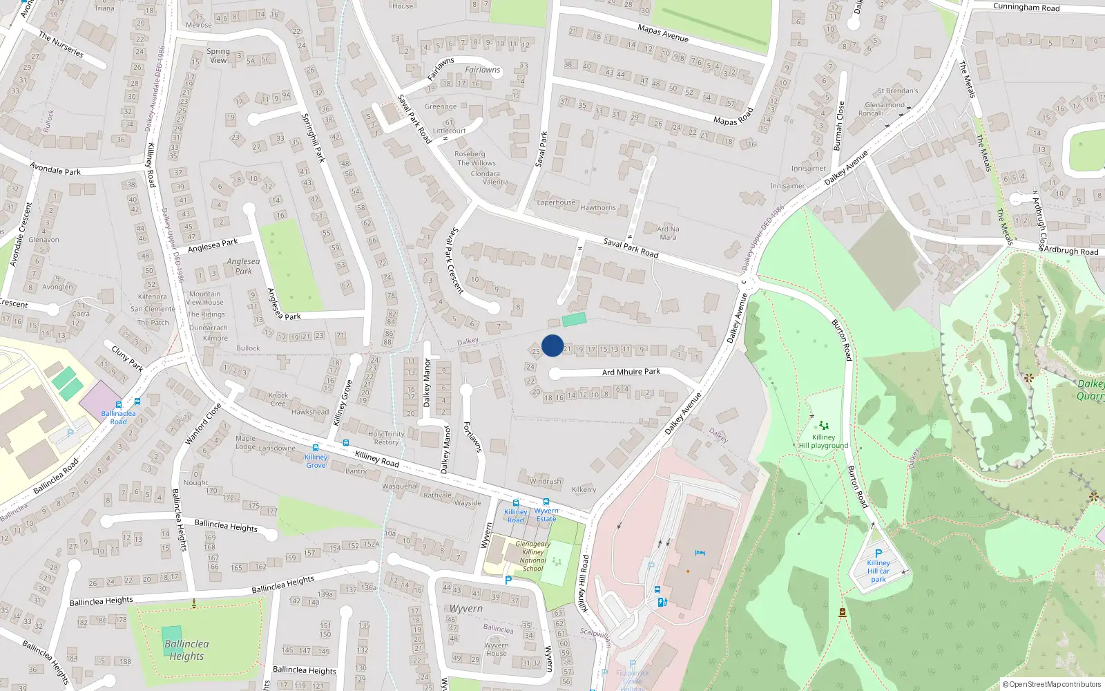 Overhead map showing the location of 23 Árd Mhuire Park, Dalkey