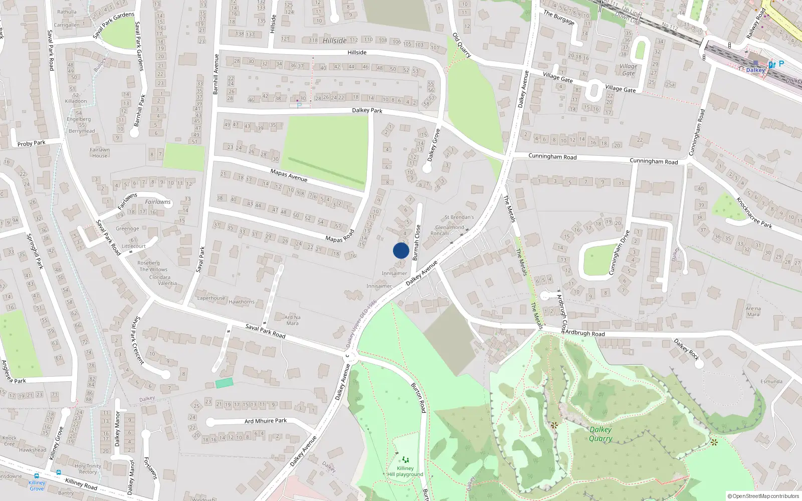 Overhead map showing the location of 2 Burmah Close, Dalkey