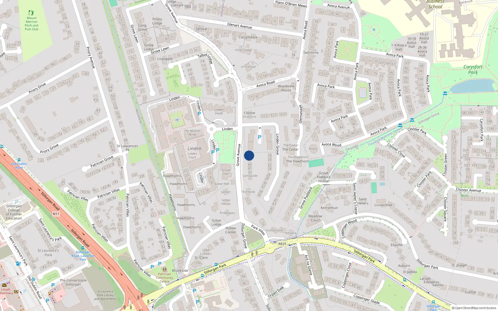 Overhead map showing the location of Carbery, 39 Grove Avenue, Blackrock