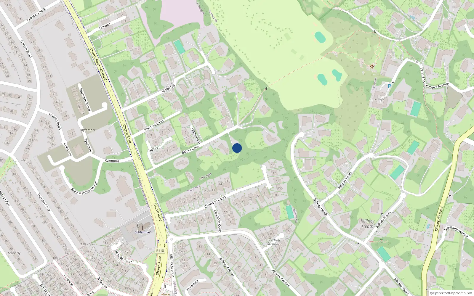 Overhead map showing the location of Balure Lane, Killiney