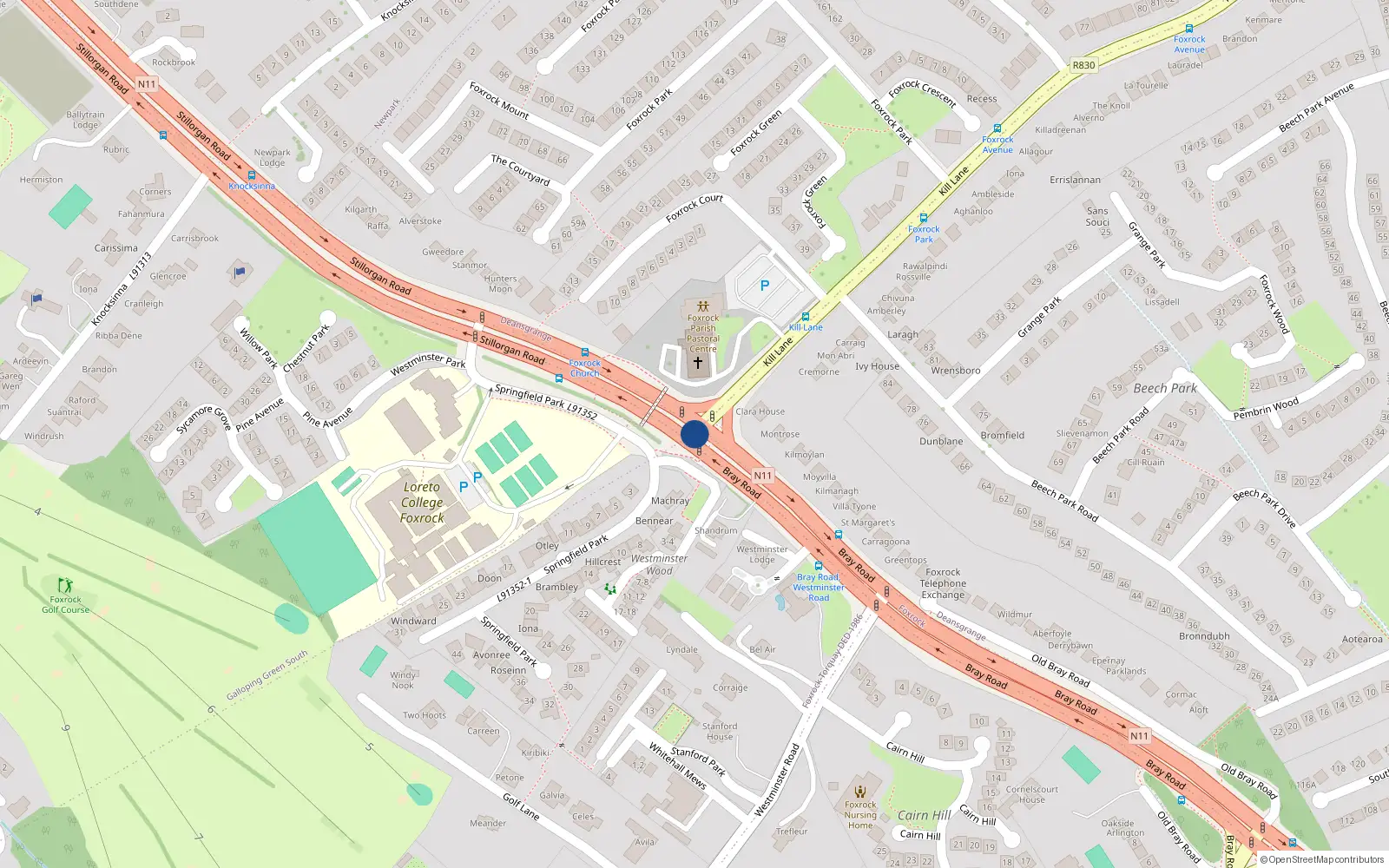 Overhead map showing the location of Kill Lane, Foxrock