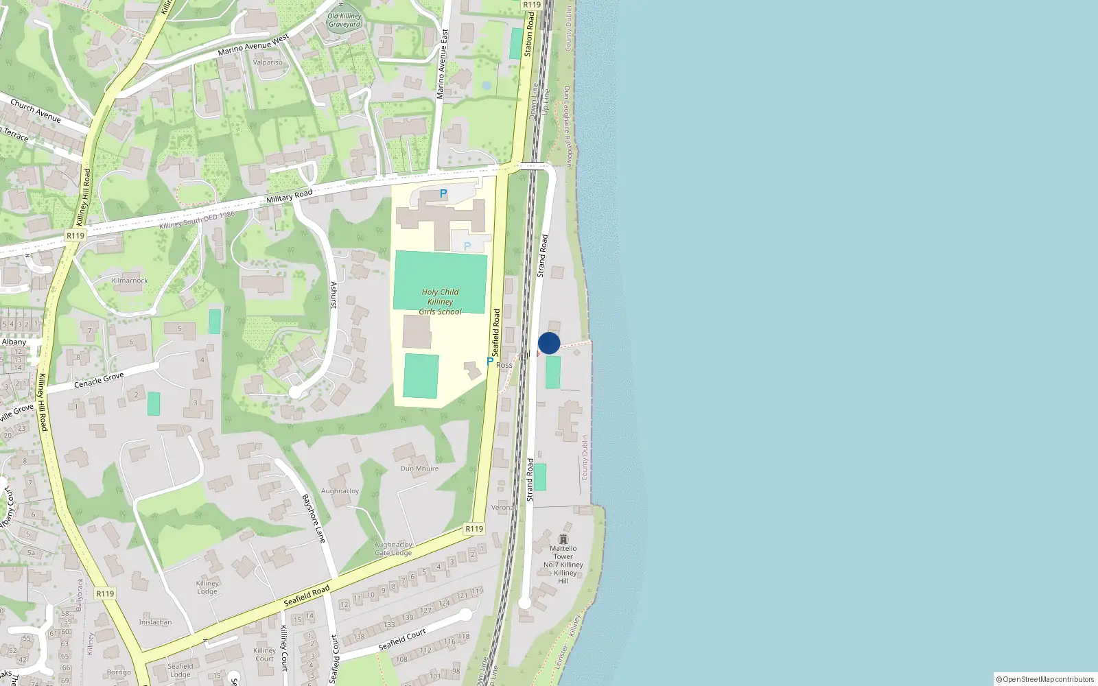 Overhead map showing the location of Strand Road, Killiney