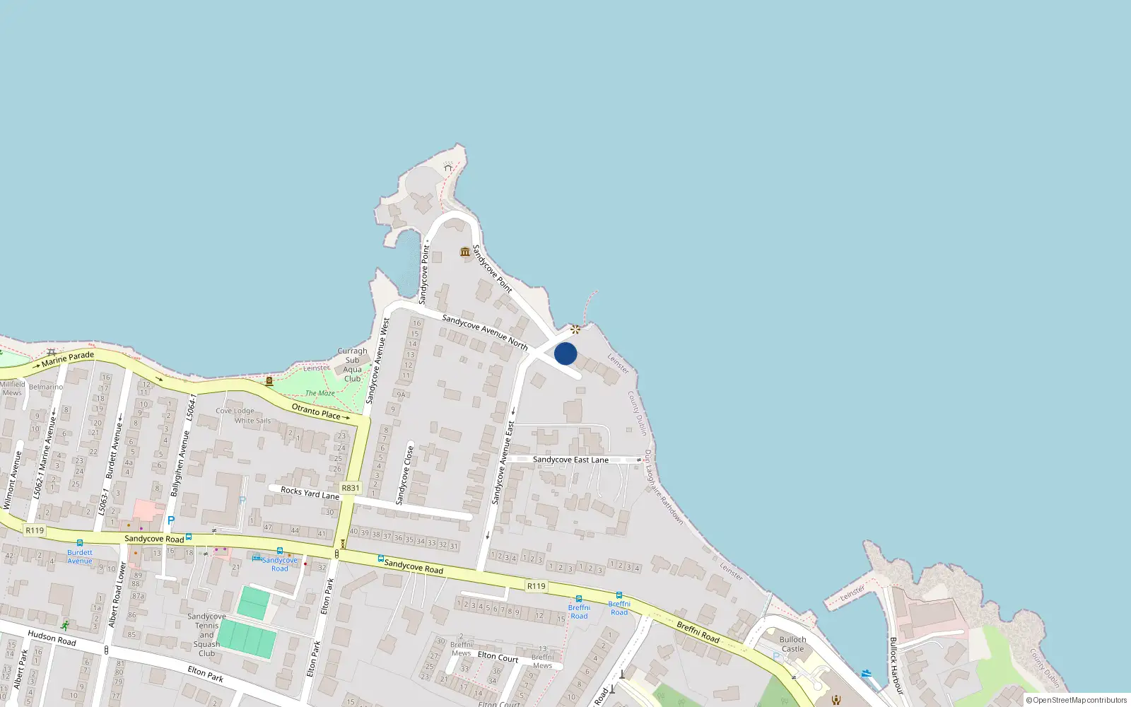 Overhead map showing the location of Bullock, Dublin, Co. Dublin