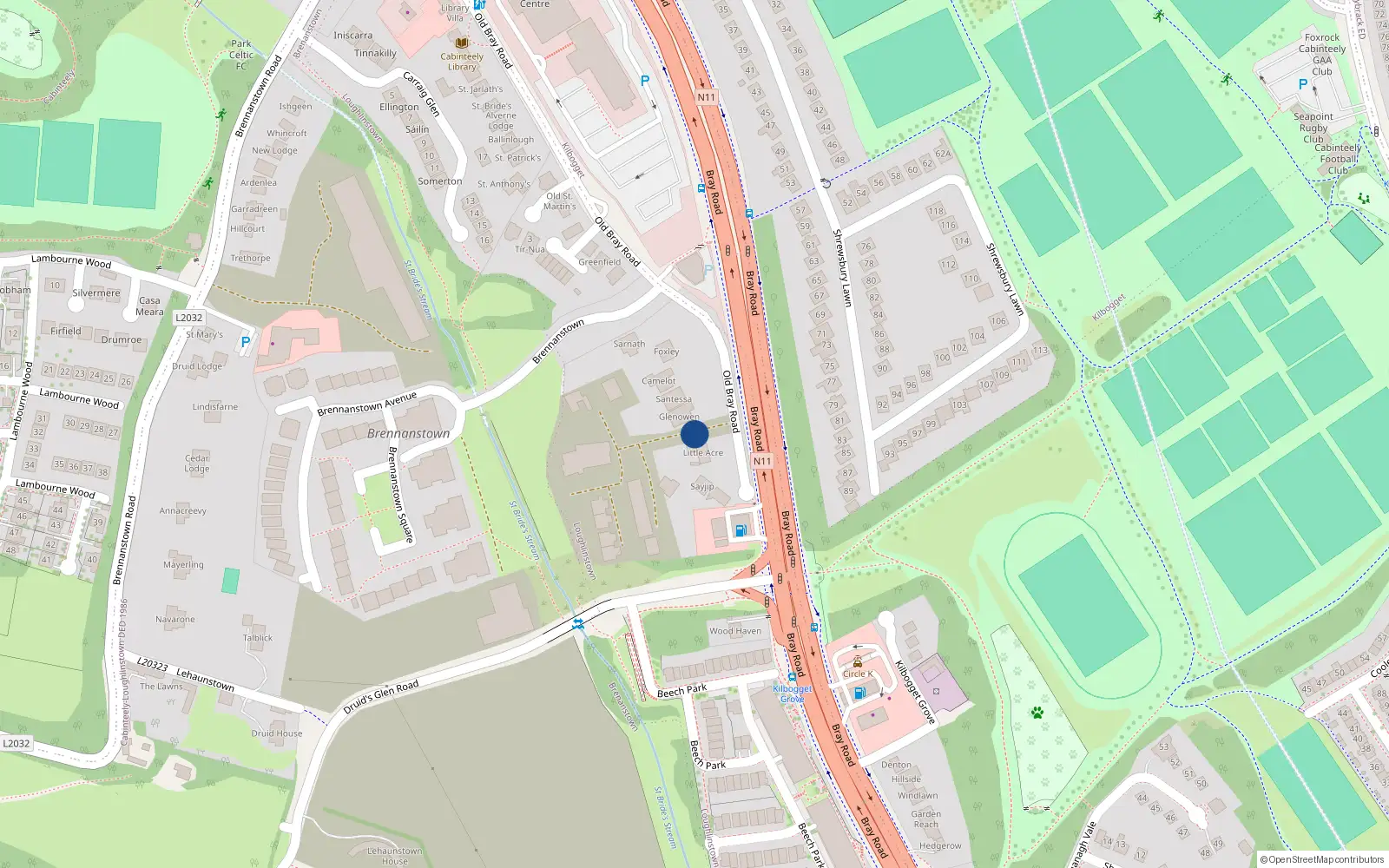 Overhead map showing the location of Bray Road, Cabinteely