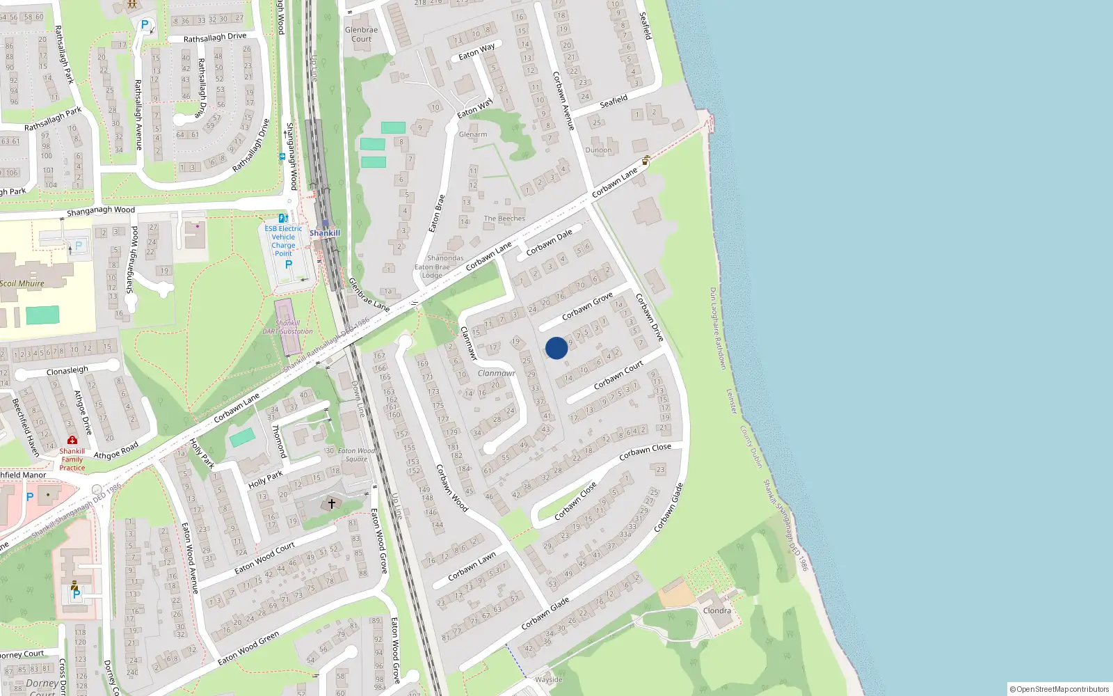 Overhead map showing the location of 13 Corbawn Grove, Shankill