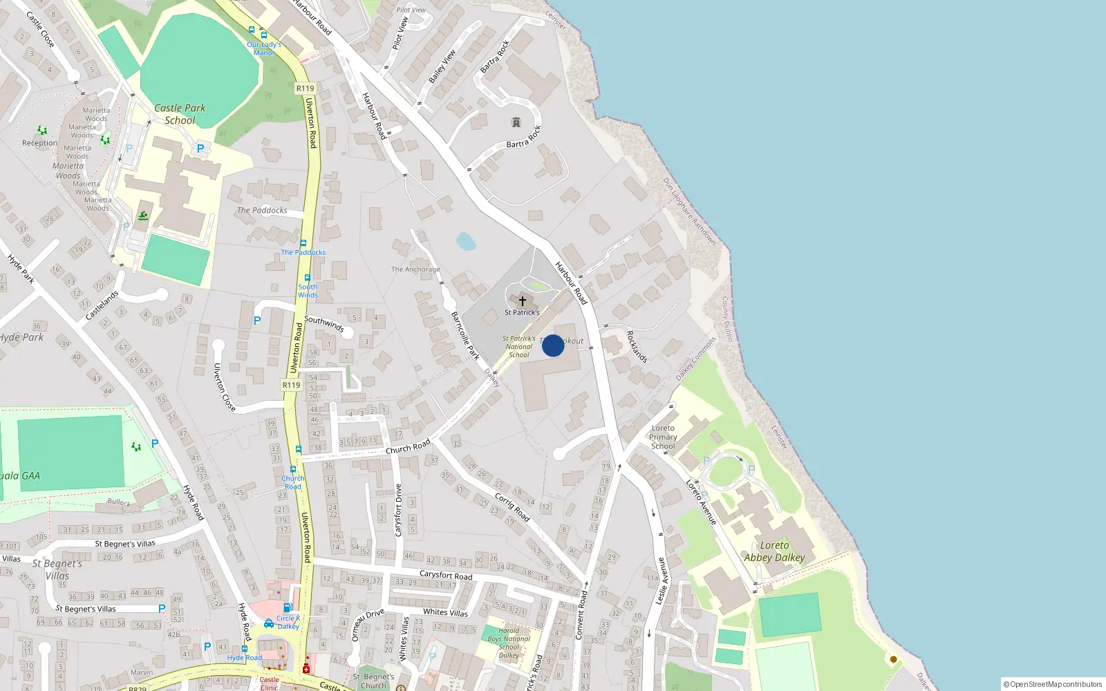 Overhead map showing the location of Harbour Road, Dalkey