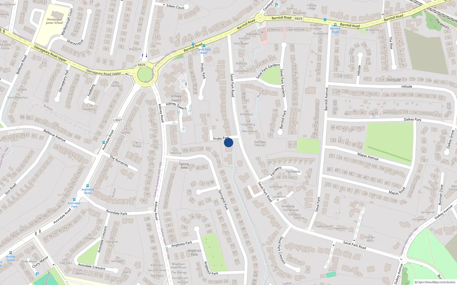 Overhead map showing the location of 13 Saval Park Road, Dalkey