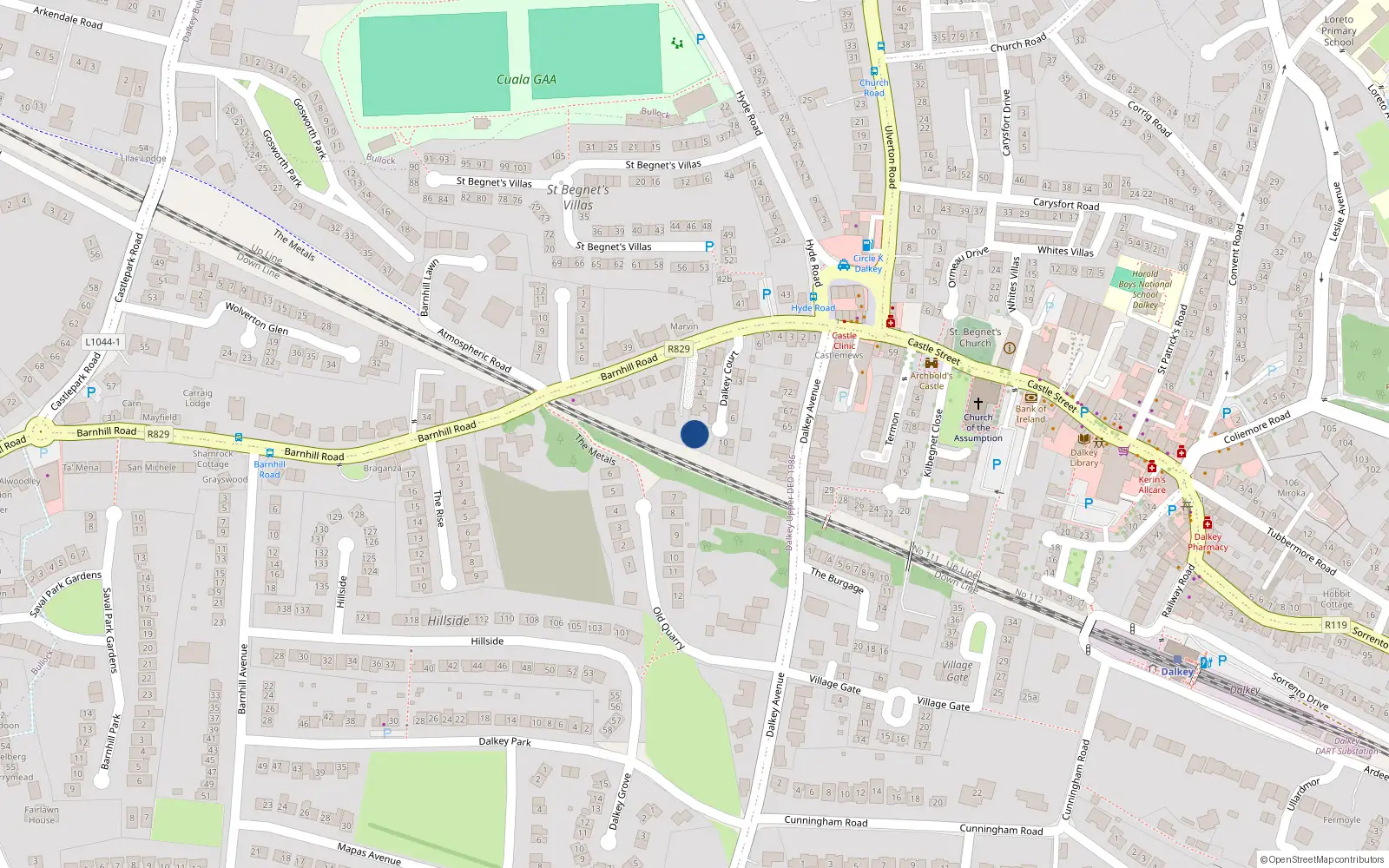 Overhead map showing the location of Barnhill Road, Dalkey