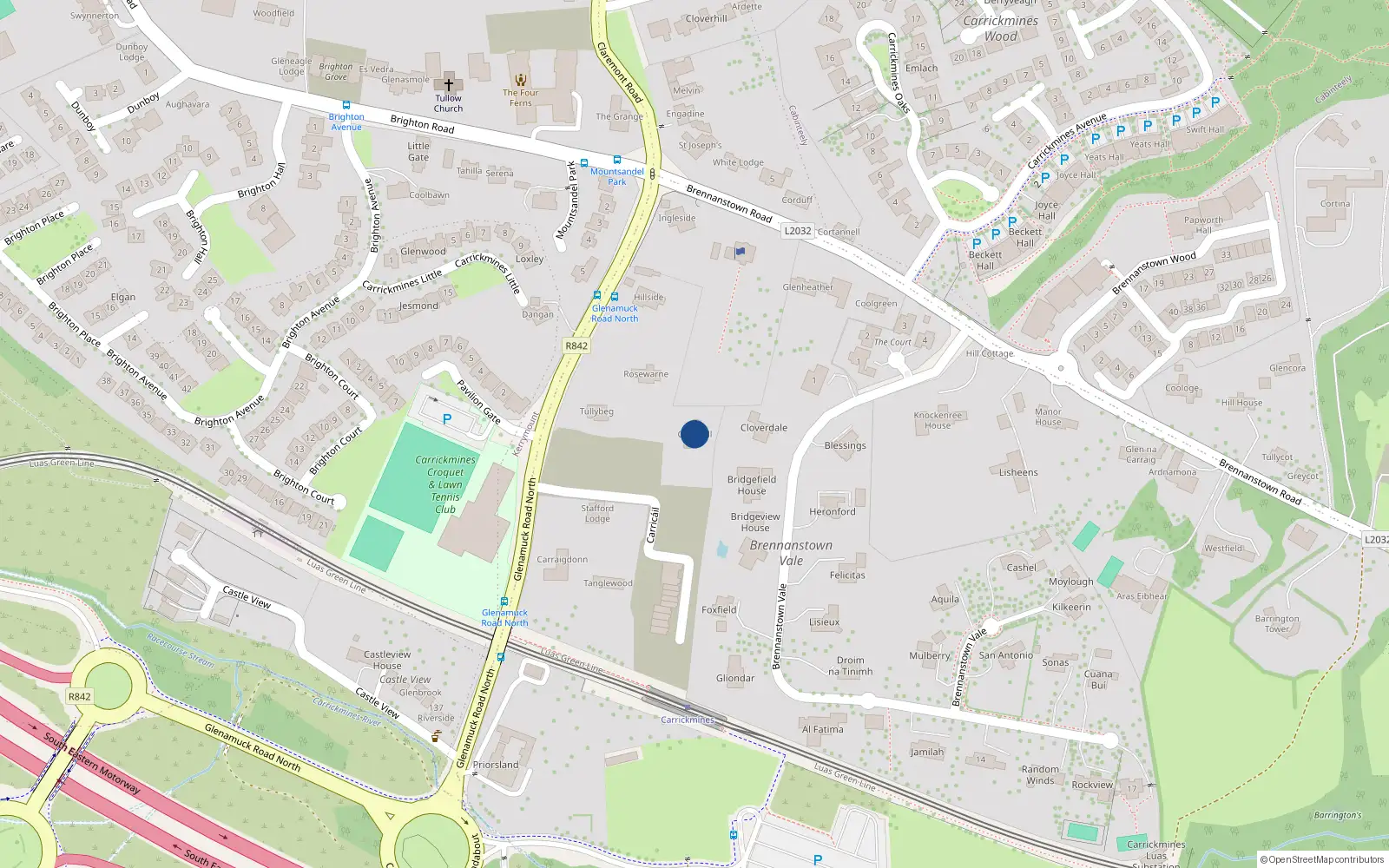 Overhead map showing the location of Glenamuck Road North, Carrickmines