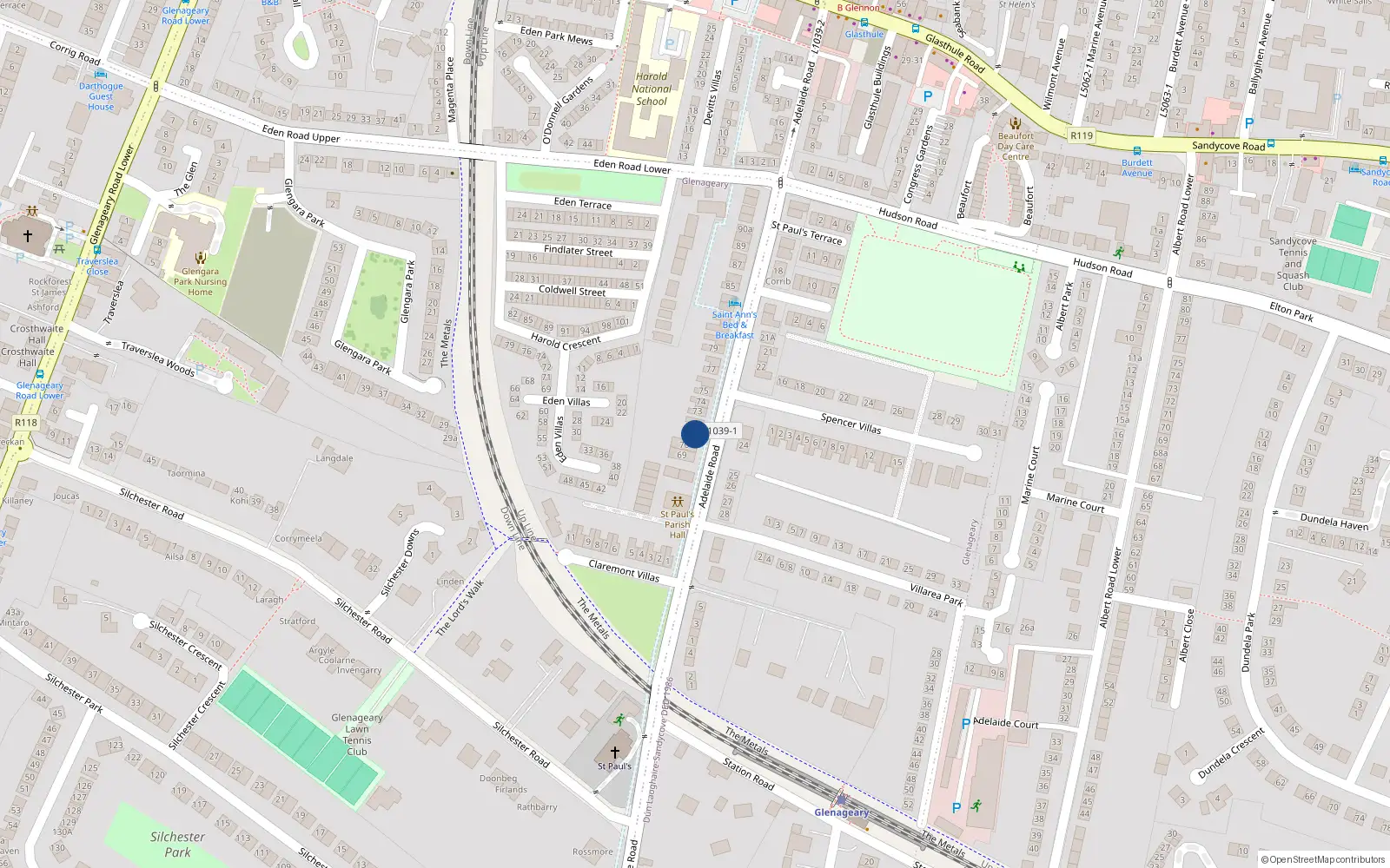 Overhead map showing the location of 71 Adelaide Road, Glenageary