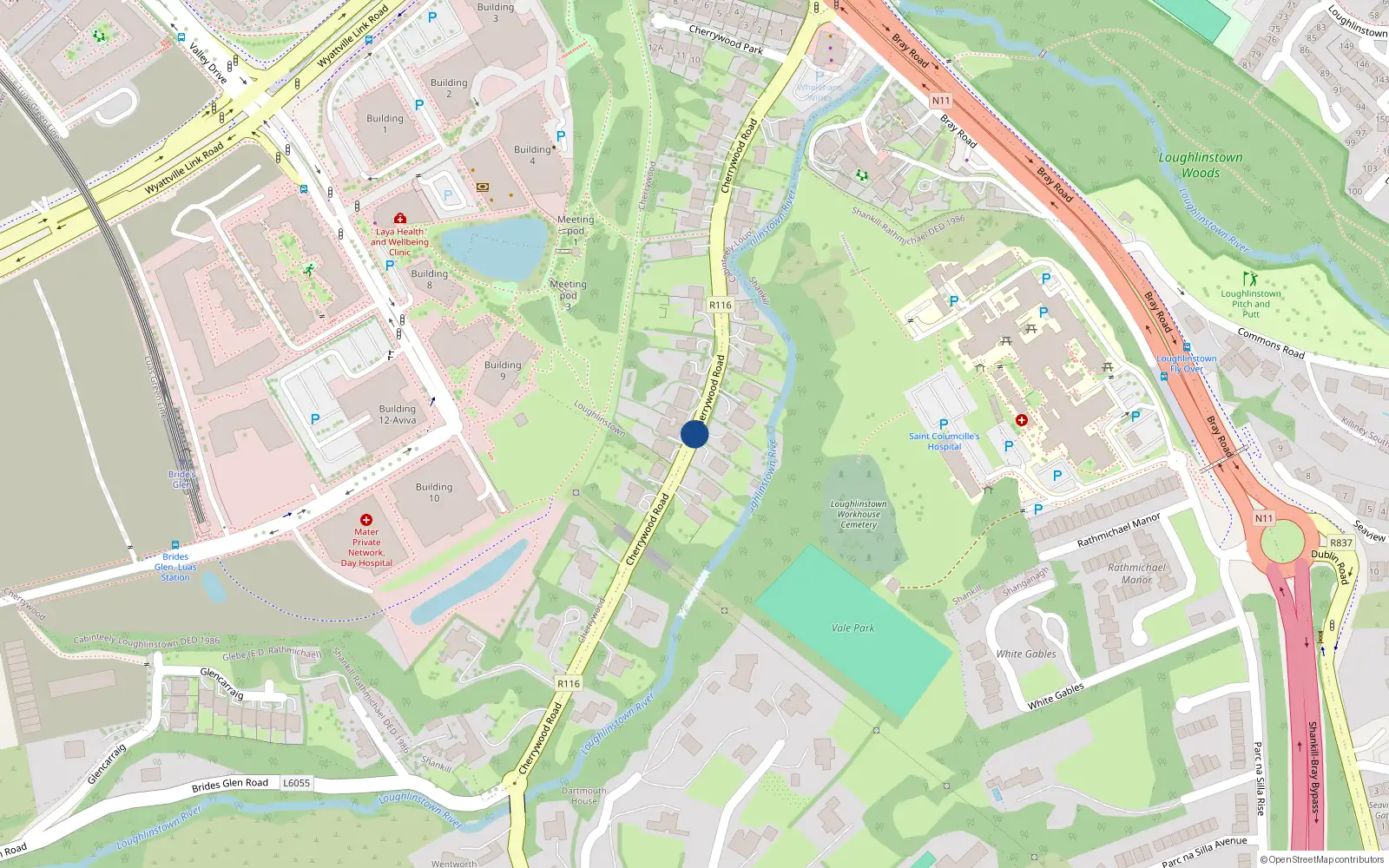 Overhead map showing the location of Cherrywood Road, Loughlinstown