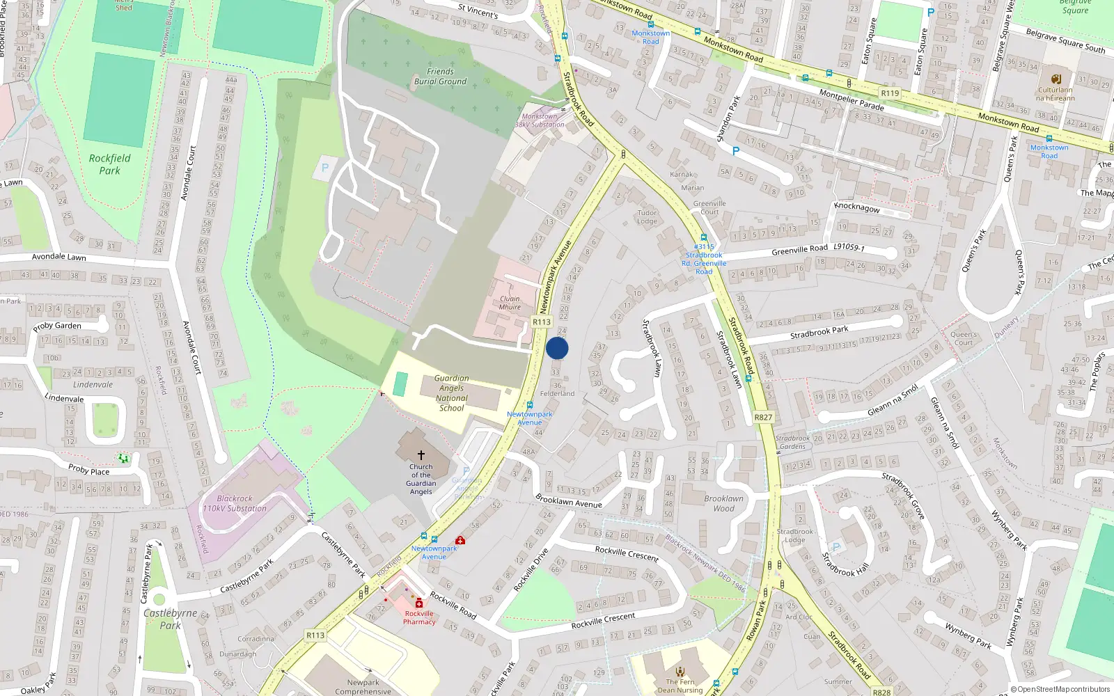 Overhead map showing the location of Claragh, 28 Newtownpark Avenue, Blackrock