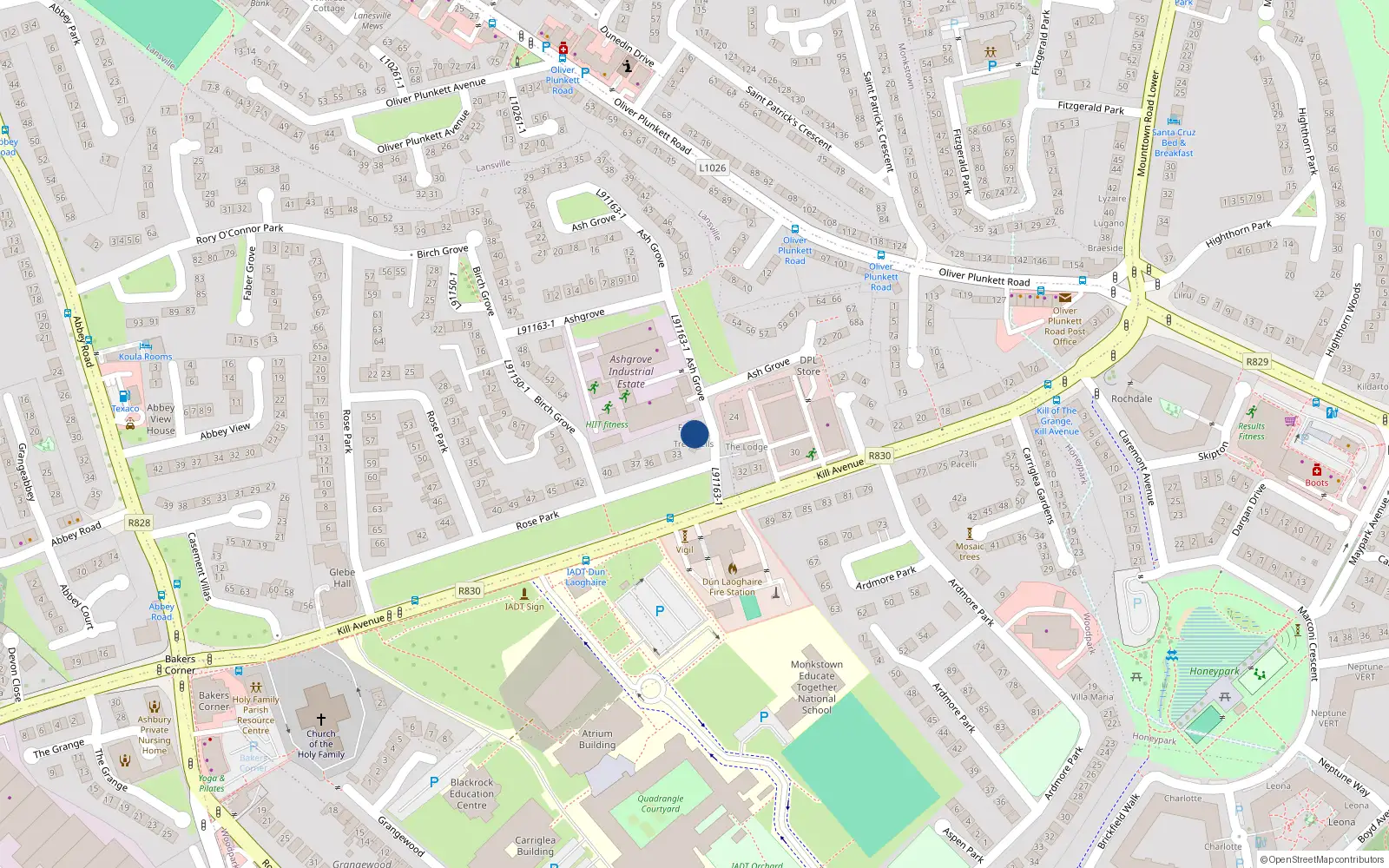 Overhead map showing the location of Claremont, Kill Avenue, Dun Laoghaire