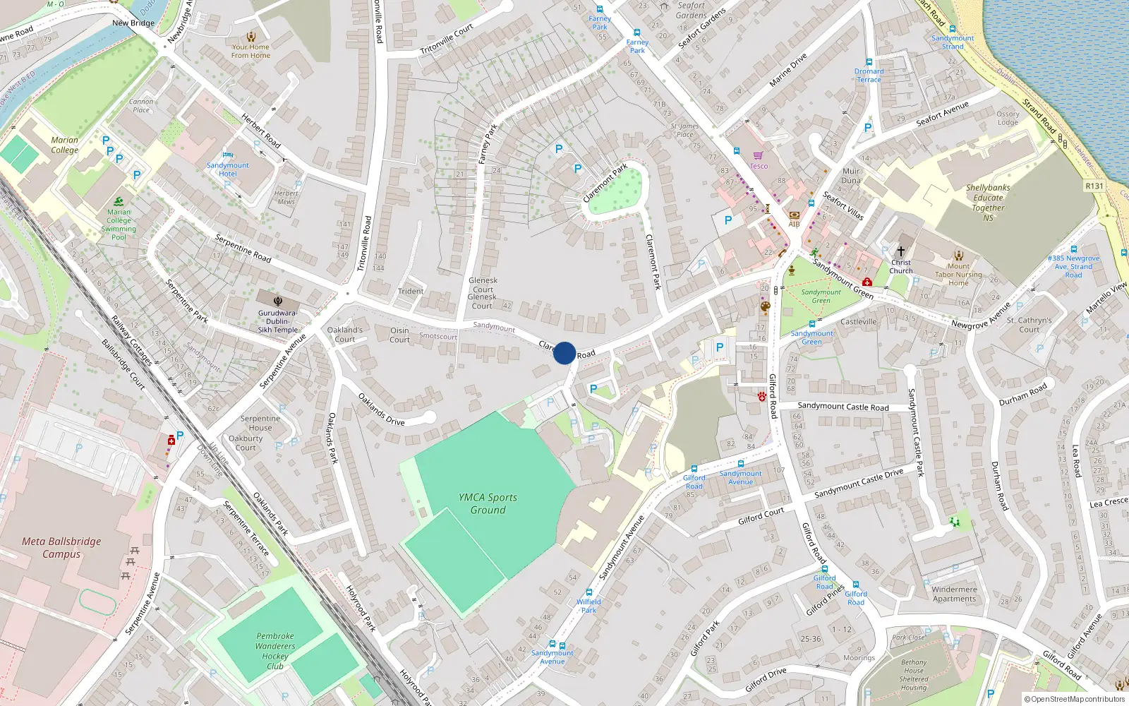 Overhead map showing the location of Claremont Road, Ballsbridge