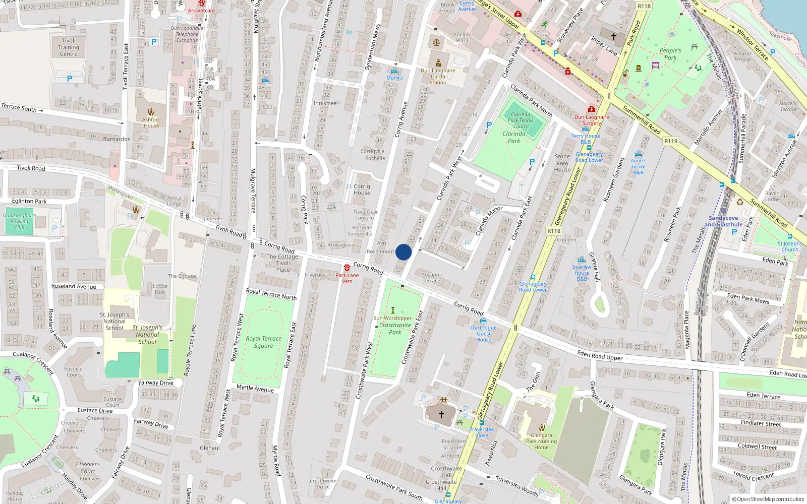 Overhead map showing the location of 30 Clarinda Park West, Dun Laoghaire