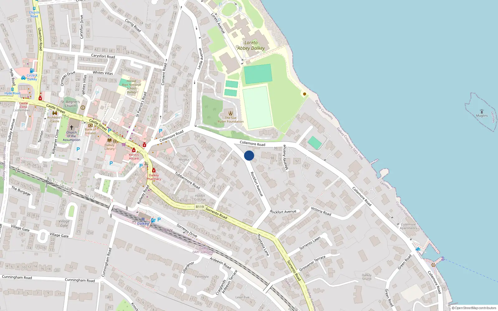 Overhead map showing the location of 101 Coliemore Road, Dalkey