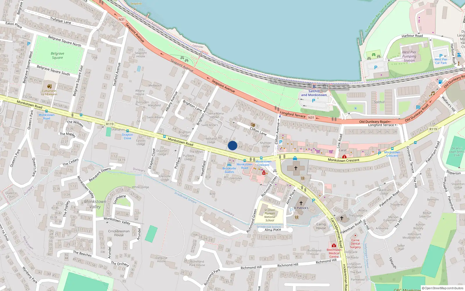 Overhead map showing the location of Clifton House, 64 Monkstown Road, Blackrock