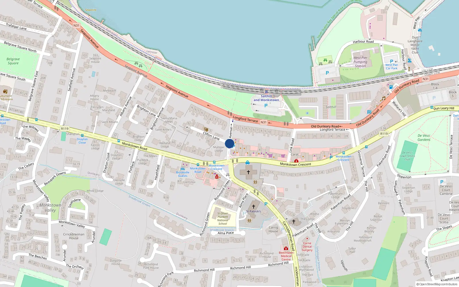 Overhead map showing the location of Clifton Avenue, Monkstown