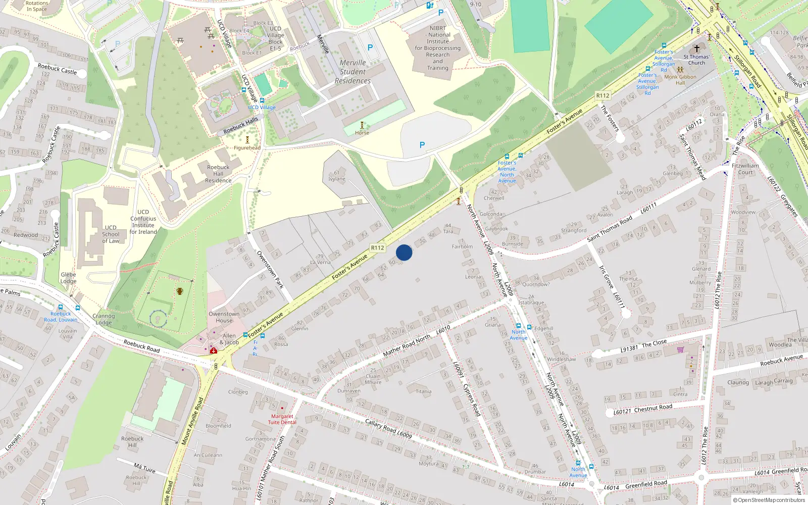 Overhead map showing the location of Clogrenan, 56 Foster's Avenue, Mount Merrion