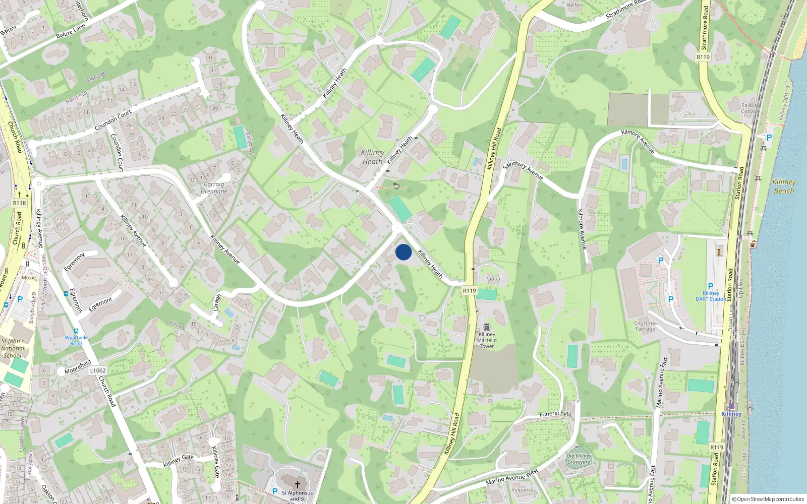 Overhead map showing the location of Killiney Avenue, Killiney