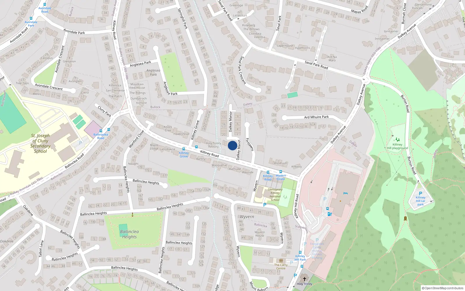 Overhead map showing the location of Killiney Road, Dalkey