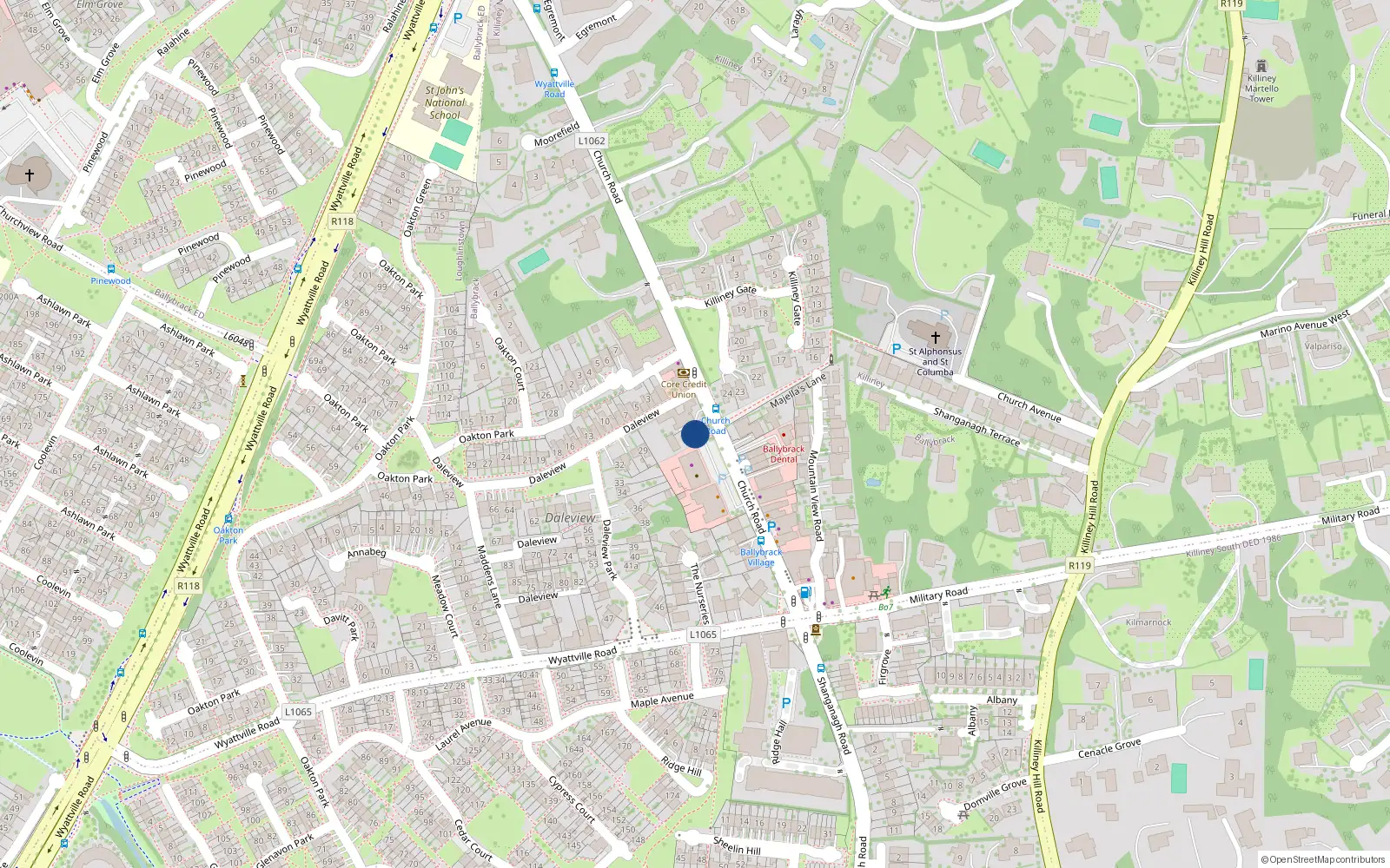 Overhead map showing the location of 28 Church Road, Ballybrack